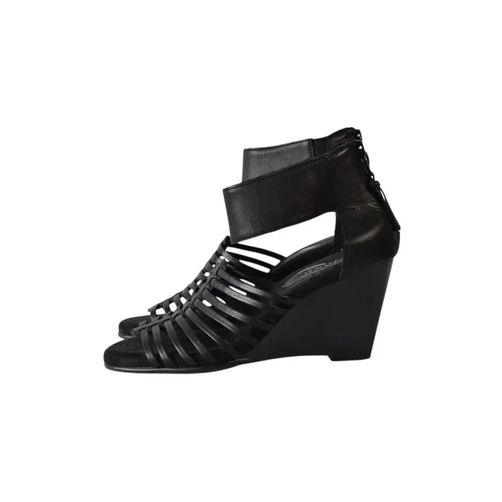 Aerosoles Black Leather Caged Wedge Sandals Strappy Zip Back - Size 6